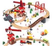 OMYbaby Wooden Train Set with Electric Train & Magnetic Crane, 86PCS Construction Train Tracks for Toddlers 3-5, Double Layer Railway with Switch Tracks, Compatible with Major Brands, STEM Toy Gift