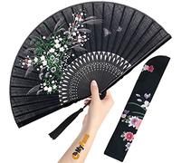 OMyFans Hand Fan for Women Foldable - Folding Chinese Japanese Vintage Bamboo Silk Fan - Ideal for Hot Flashes, Church, EDM, Festivals, Dancing and Gifts (Thatch Flower-Black)