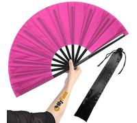 OMyFans Large Rave Folding Hand Fan - Foldable Chinese Tai Chi Kung Fu fan - Ideal for Festivals, EDM, Dancing, Hot Flashes, Church and Gifts (Pink)