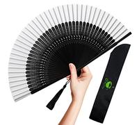 OMyTea Folding Hand Fan for Women - Foldable Chinese Japanese Vintage Bamboo Silk Fan - for Hot Flash, Church, Decoration, EDM, Music Festival, Dance, Party, Performance, Gift (Sexy Black - White)