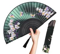 OMyTea Folding Hand Fan for Women - Foldable Chinese Japanese Vintage Bamboo Silk Fan - for Hot Flash, Church, EDM, Music Festival, Party, Dance, Performance, Decoration, Gift (Green Orchid)