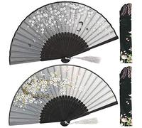 OMyTea Folding Hand Fans for Women - Chinese Japanese Vintage Bamboo Silk Fans - for Hot Flash, EDM, Music Festival, Party, Dance, Performance, Decoration, Wedding, Gift (Gray Sakura *2)