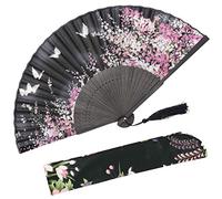 OMyTea Folding Hand Held Fan for Women by Chinese/Japanese Vintage Retro Style - With a Fabric Sleeve for Protection (WZS-Black)
