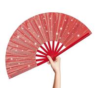 OMyTea Glitter Large Rave Folding Hand Fan - 13'' Foldable Clack Chinese Tai Chi Kung Fu Fan - for Festivals, EDM, Club, Dancing, Hot Flashes, Church and Gifts (Red)