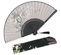 OMyTea "Grassflower Folding Hand Held Fan for Women - Chinese/Japanese Vintage Retro Style - With a Fabric Sleeve for Protection (Grey)