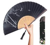 OMyTea "Landscape Folding Hand Held Fan for Women - Chinese/Japanese Vintage Retro Style for Wedding, Dancing, Church, Party, Gifts - With a Fabric Sleeve for Protection (Bamboo Forest - Black)
