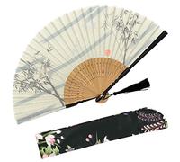 OMyTea "Landscape Folding Hand Held Fan for Women - Chinese/Japanese Vintage Retro Style for Wedding, Dancing, Church, Party, Gifts - With a Fabric Sleeve for Protection (Bamboo Forest - White)