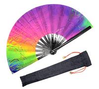 OMyTea Large Bamboo Rave Festival Folding Hand Fan for Men/Women - Chinese Japanese Handheld Fan with Fabric Case - for Electronic Dance Music Party, Performance, Decorations, Gift (Iridescence)