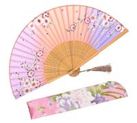 OMyTea "Lily Chinese/Japanese Women Hand Held Silk Folding Fans with Bamboo Frame - With a Fabric Sleeve for Protection (Redbud - Pink)