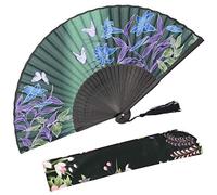 OMyTea "Lily Chinese/Japanese Women Hand Held Silk Folding Fans with Bamboo Frame - With a Fabric Sleeve for Protection (WZS-27)