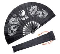 OMyTea Performance Large Hand Folding Fan - Chinese/Japanese Kung Fu Tai Chi Handheld Fan for Men/Women - For Decorations/Dancing/Fighting/Gift (Black Double Dragons)