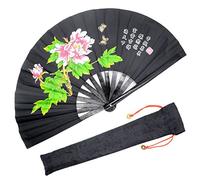 OMyTea Performance Large Hand Folding Fan - Chinese/Japanese Kung Fu Tai Chi Handheld Fan for Men/Women - For Decorations/Dancing/Fighting/Gift (Black Peony)