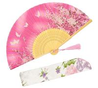 OMyTea "Sakura Chinese/Japanese Women Hand Held Silk Folding Fans with Bamboo Frame - With a Fabric Sleeve for Protection (WZS-3)