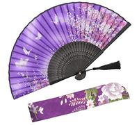 OMyTea "Sakura Chinese/Japanese Women Hand Held Silk Folding Fans with Bamboo Frame - With a Fabric Sleeve for Protection (WZS-38)