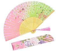OMyTea "Sakura Chinese/Japanese Women Hand Held Silk Folding Fans with Bamboo Frame - With a Fabric Sleeve for Protection (WZS-45)