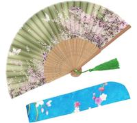 OMyTea "Sakura Chinese/Japanese Women Hand Held Silk Folding Fans with Bamboo Frame - With a Fabric Sleeve for Protection (WZS-6)