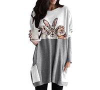 OMZIN Easter Cute Bunny Graphic Print T Shirt Ladies Casual Round Neck Long Sleeve Sweatshirt Gray three rabbits L