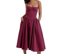 OMZIN Floral Midi Corset Dress for Women Boho Flowy Bustier Dresses Going Out A Line Casual Sundress Dark Red XL