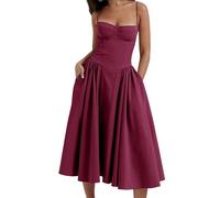 OMZIN Floral Midi Corset Dress for Women Boho Flowy Bustier Dresses Going Out A Line Casual Sundress Dark Red XL