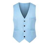 OMZIN Men's Satin Plain Waistcoat Button down Slim Fit Sleeveless V-Neck Tuxedo Wedding Formal Party Waistcoat Sky Blue XXS
