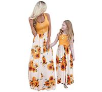 OMZIN Mommy and Me Dresses Round Neck Tank Easter Dress Floral Printed Sleeveless Mother and Daughter Matching Dress Yellow Flower 1/2