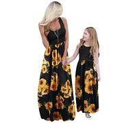 OMZIN Mommy and Me Maxi Dresses Easter Sleeveless Floral Printed Round Neck Empire Waist Long Dress with Pockets Sun Flower 6/7