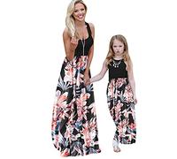 OMZIN Mother and Daughter Boho Floral Print Black Maxi Dress Women Girls Summer Dress 1-2 Years