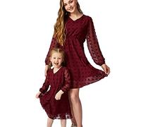 OMZIN Mother and Daughter Matching Swiss Dot Dress Tunic Sundress Family Matching Lantern Long Sleeve Dresses Wine Red 6-7Y