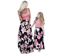 OMZIN Mother and Daughter Splicing Maxi Long Dress Floral Pattern Summer Dresses Round Neck Summer Dress Floral Dress A Line Dress Red Flower 10 Years
