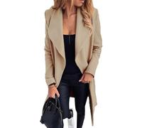 OMZIN Open Front Wool Blend Solid Color Belted Trench Coat for Women Draped Long Wrap Lapel Jacket Kaki XL