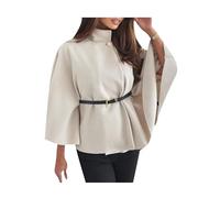 OMZIN Winter Coats For Women Elegant Stand Collar Wool Blend Batwing Poncho Cape Jacket Outerwear with Belt Beige S