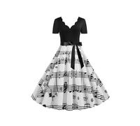 OMZIN Women A Line Scallop Neck Swing Easter Dress Short Sleeve Belt 1950s Audrey Dresses Notes XXL