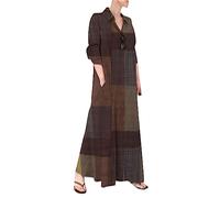 OMZIN Women Button Down Shirt Cotton and Linen Pocket Dresses Rolled up Sleeve Long Casual Dress Plaid Brown S