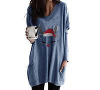 OMZIN Women Christmas Sweatshirt Crewneck Long Sleeve Xmas Holiday Raglan Shirt Ugly Long Sleeve Loose Tops Medium Blue L