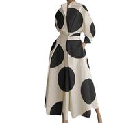 OMZIN Women Collared A Line Long Empire Waist Shirt Dress 3/4 Sleeve Swing Pockets Dresses Dots Beige S