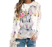 OMZIN Women Crew Neck Cute Bunny Graphic Pullover Casual Long Sleeve Happy Easter Funny Shirt Sweatshirt Rose Rabbit L