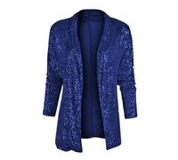 OMZIN Women Disco Party Sparkly Lapel Open Front Blazer Lightweight Sparkly Cardigan Soft Sequin Coat Navy Blue S