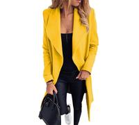 OMZIN Women Draped Solid Color Open Front Trench Coat Long Belted Wrap Lapel Wool Blend Peacoat Yellow L