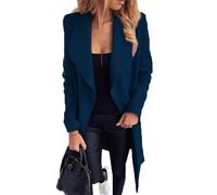 OMZIN Women Elegant Pockets Mid Long Solid Color Jacket Long Sleeve Open Front Shawl Collar Peacoat with Belt Navy Blue M
