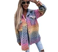 OMZIN Women Lapel Collar Pocket Button Shirts Jacket Printed Spring Gradient Long Sleeve Coat Rose Red M