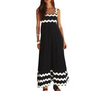 OMZIN Women Smocked Summer Rickrack Trim Maxi Dresses Spaghetti Strap High Waist Square Neck Flowy Dress BLK White M