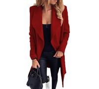 OMZIN Women's Belted Solid Color Draped Long Jacket Wrap Lapel Wool Blend Open Front Peacoat Red XS