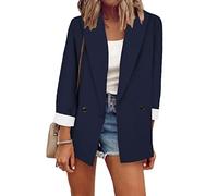 OMZIN Womens Blazer Ruched 3/4 Sleeve Open Front Relax Fit Office Lightweight Cardigan Blazers Navy Blue XXL