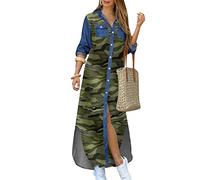 OMZIN Women's Casual Blouse Floral Tops Long Sleeve Button Up Lightweight Loose Linen Long Over-Shirt Dress Camouflage 3XL