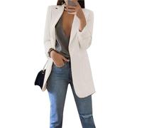 OMZIN Women's Casual Open Front Boyfriend Plain Long Blazer Lapel Collar Simple Basic Coat with Pockets White XXL