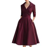 OMZIN Women's Flowy A-Line Midi Dress Flared Peter Pan Collar Wedding Guest 3/4 Sleeve Dress with Pocket Wine Red L