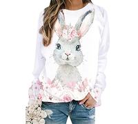 OMZIN Women's Happy Easter Cute Bunny Graphic Pullover Long Sleeve Round Neck Rabbit Sweatshirt Shirts Flower Rabbi XL