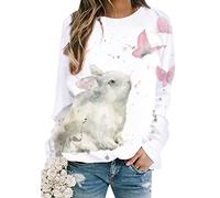 OMZIN Women's Happy Easter Oversized Long Sleeve Bunny Shirts Round Neck Rabbit Color Block Sweatshirts Grey Rabbit Rose XL