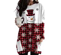 OMZIN Womens Long Sleeve Christmas Tops O-Neck Elk Pullover Novelty Funny Graphic T-Shirts Xmas Pattern Tees Red Santa L