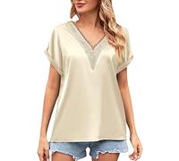 OMZIN Women's Loose Silk Guipure Lace Tops Trim V Neck Blouse Summer Casual Batwing Short Sleeve Shirt Gold M